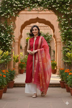 Myshka Women Red Sleeveless Kurta, White Palazzo with Printed Organza Dupatta - Distacart