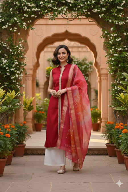 Myshka Women Red Sleeveless Kurta, White Palazzo with Printed Organza Dupatta