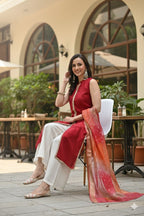 Myshka Women Red Sleeveless Kurta, White Palazzo with Printed Organza Dupatta - Distacart