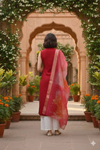 Myshka Women Red Sleeveless Kurta, White Palazzo with Printed Organza Dupatta - Distacart