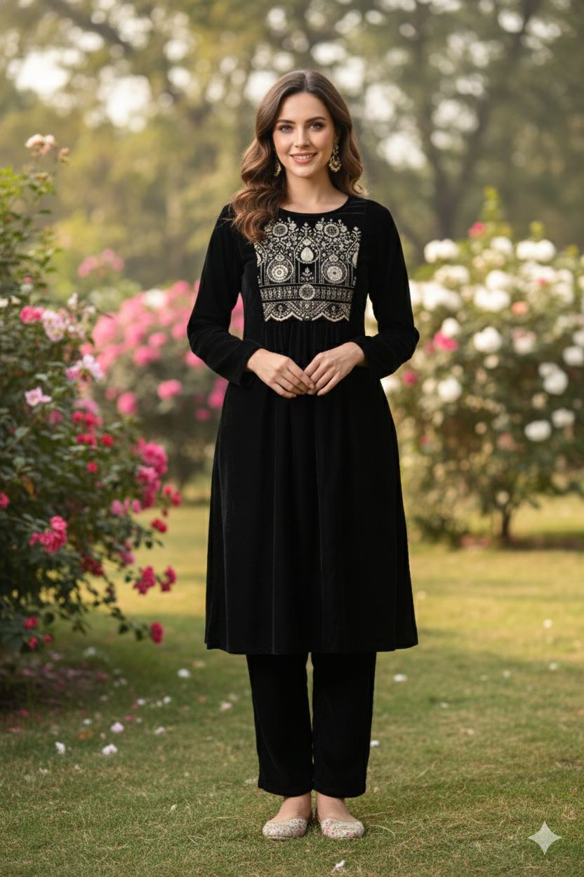 Myshka Women Black Velvet Embroidered Full Sleeve Kurta With Trouser - Distacart