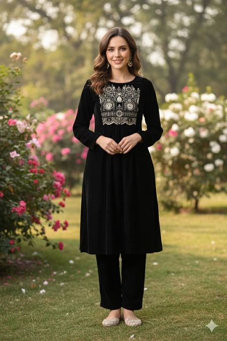 Myshka Women Black Velvet Embroidered Full Sleeve Kurta With Trouser