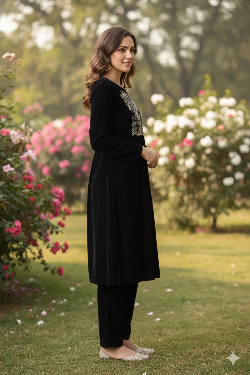 Myshka Women Black Velvet Embroidered Full Sleeve Kurta With Trouser - Distacart