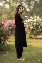 Myshka Women Black Velvet Embroidered Full Sleeve Kurta With Trouser - Distacart