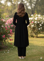 Myshka Women Black Velvet Embroidered Full Sleeve Kurta With Trouser - Distacart