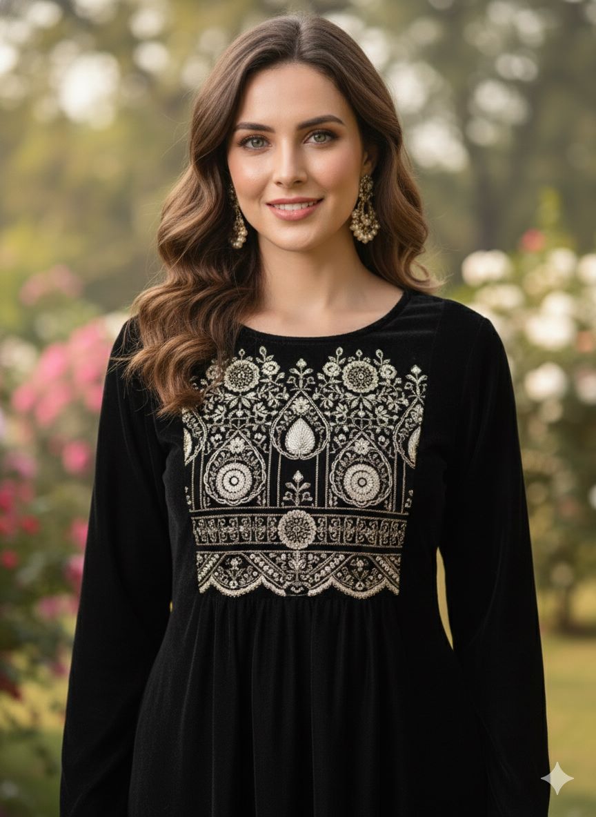 Myshka Women Black Velvet Embroidered Full Sleeve Kurta With Trouser - Distacart
