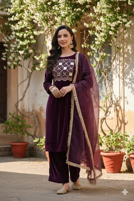 Myshka Women Wine Velvet Embroidered Full Sleeve Kurta Set with Organza Dupatta
