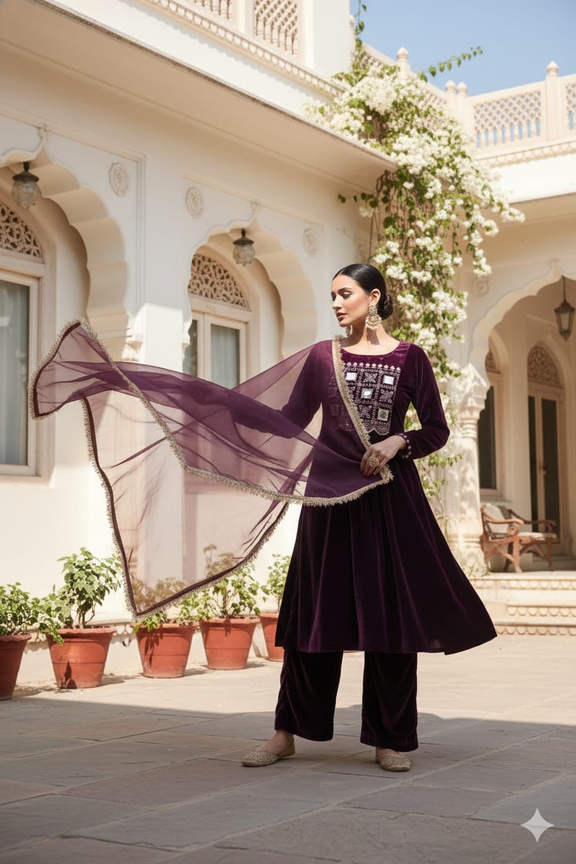 Myshka Women Wine Velvet Embroidered Full Sleeve Kurta Set with Organza Dupatta - Distacart