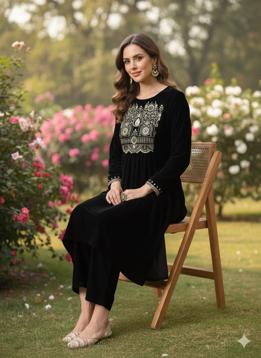 Myshka Women Black Velvet Embroidered Full Sleeve Kurta With Trouser - Distacart