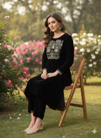Myshka Women Black Velvet Embroidered Full Sleeve Kurta With Trouser - Distacart