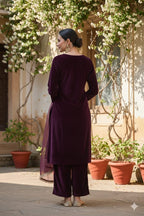 Myshka Women Wine Velvet Embroidered Full Sleeve Kurta Set with Organza Dupatta - Distacart