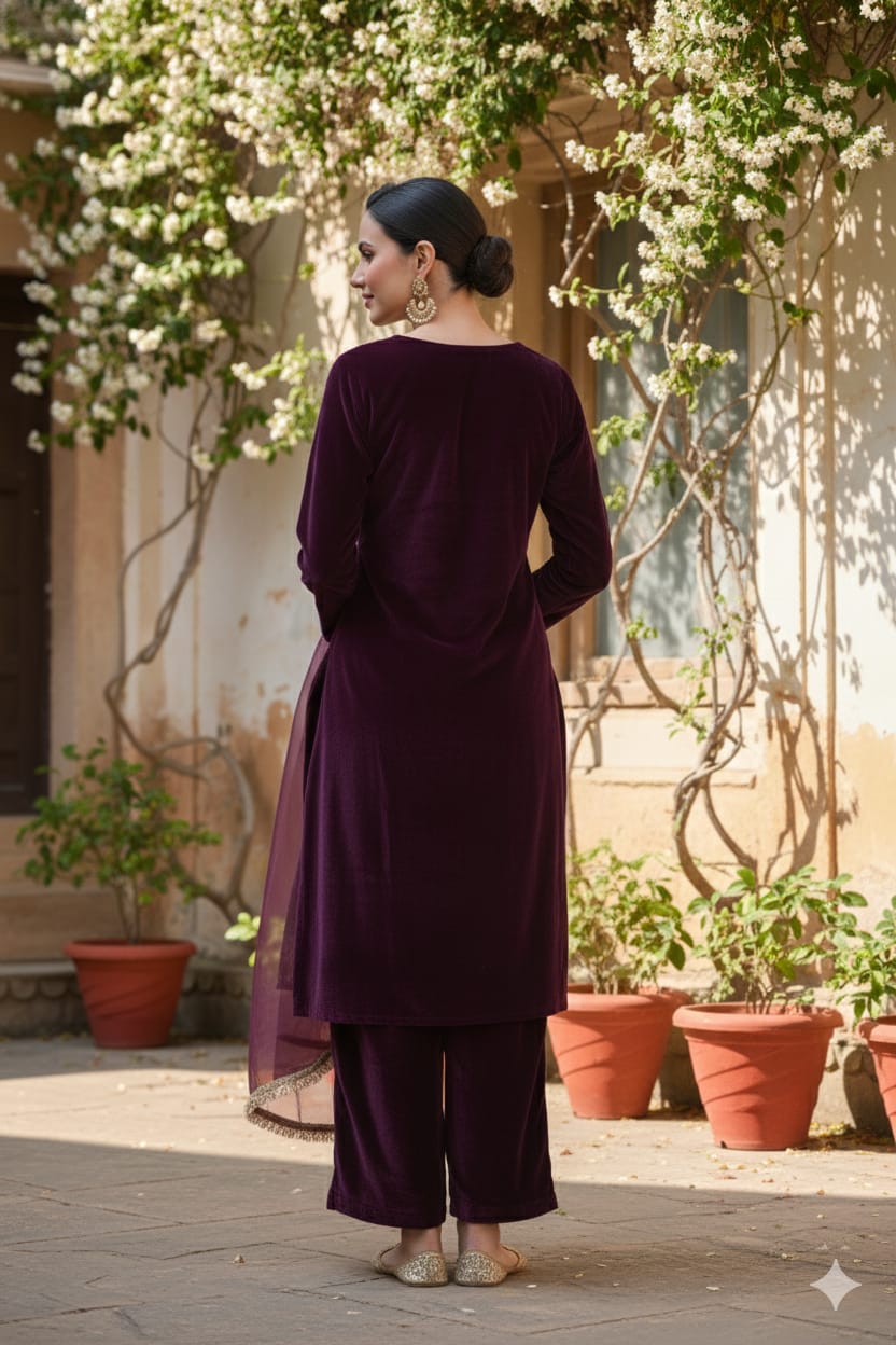 Myshka Women Wine Velvet Embroidered Full Sleeve Kurta Set with Organza Dupatta - Distacart