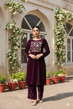 Myshka Women Wine Velvet Embroidered Full Sleeve Kurta Set with Organza Dupatta - Distacart