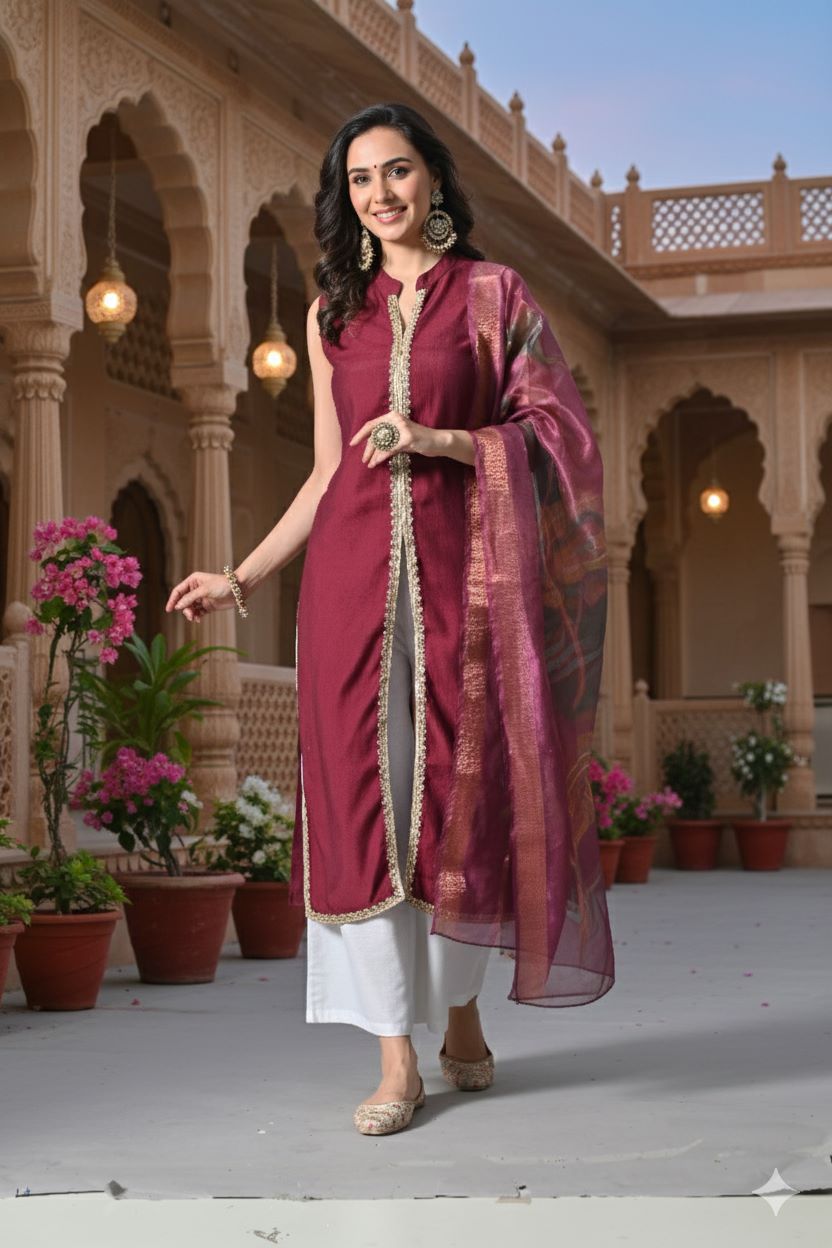 Myshka Women Wine Sleeveless Kurta, White Palazzo with Printed Organza Dupatta - Distacart