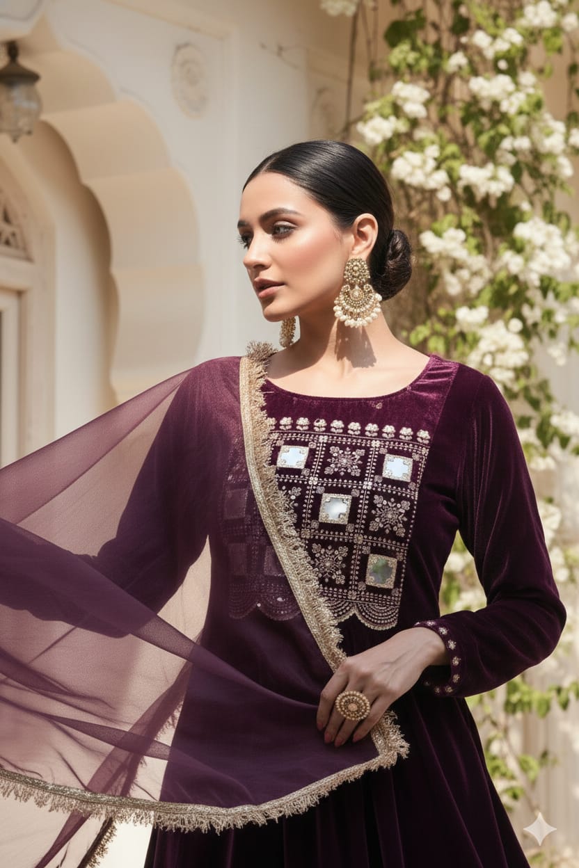 Myshka Women Wine Velvet Embroidered Full Sleeve Kurta Set with Organza Dupatta - Distacart