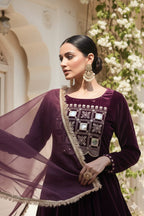 Myshka Women Wine Velvet Embroidered Full Sleeve Kurta Set with Organza Dupatta - Distacart
