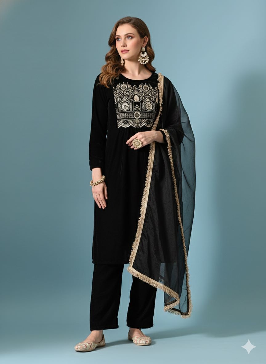 Myshka Women Black Velvet Embroidered Full Sleeve Kurta Set with Organza Dupatta - Distacart