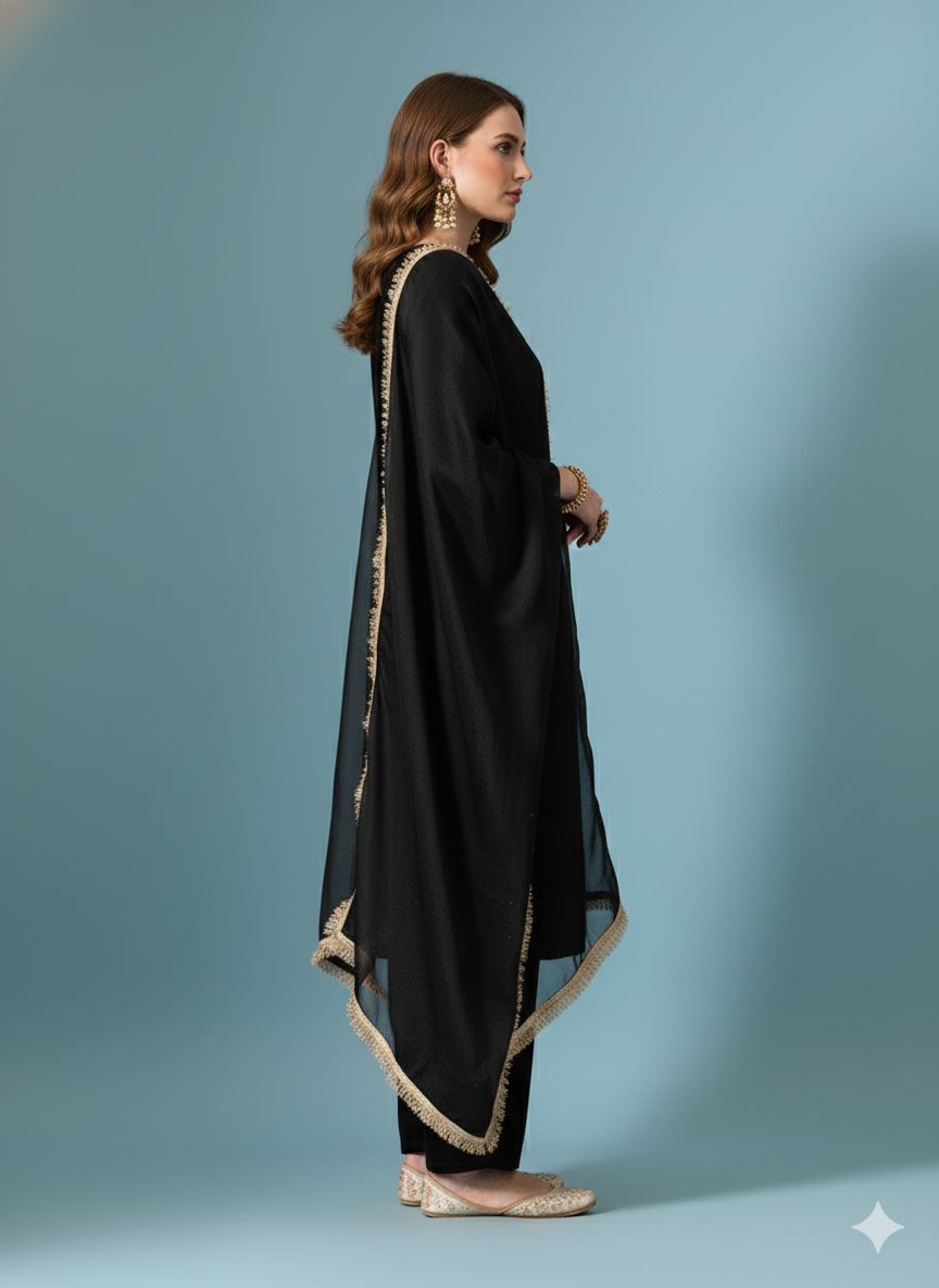 Myshka Women Black Velvet Embroidered Full Sleeve Kurta Set with Organza Dupatta - Distacart
