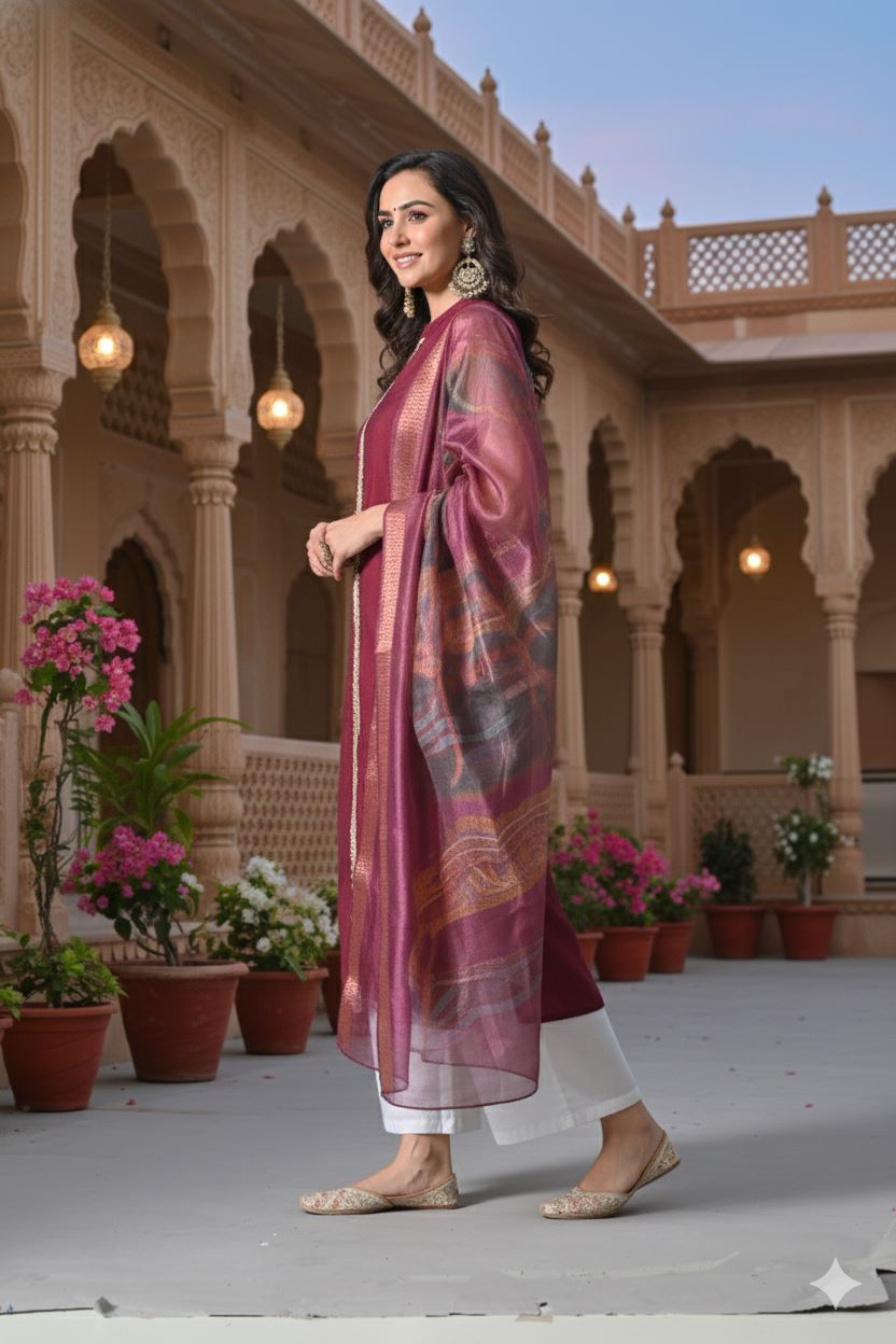 Myshka Women Wine Sleeveless Kurta, White Palazzo with Printed Organza Dupatta - Distacart
