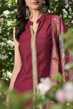 Myshka Women Wine Sleeveless Kurta, White Palazzo with Printed Organza Dupatta - Distacart