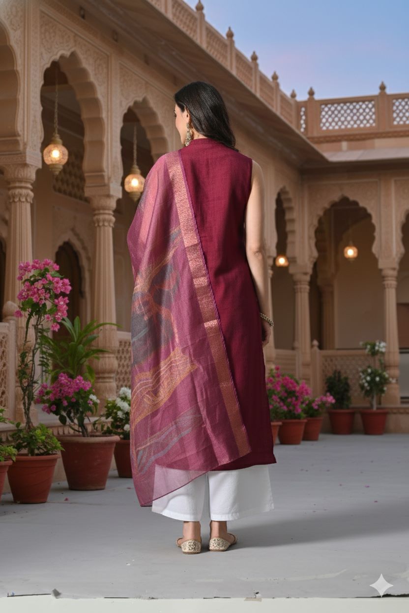 Myshka Women Wine Sleeveless Kurta, White Palazzo with Printed Organza Dupatta - Distacart