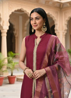 Myshka Women Wine Sleeveless Kurta, White Palazzo with Printed Organza Dupatta - Distacart