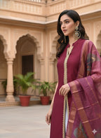 Myshka Women Wine Sleeveless Kurta, White Palazzo with Printed Organza Dupatta - Distacart