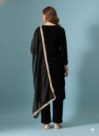 Myshka Women Black Velvet Embroidered Full Sleeve Kurta Set with Organza Dupatta - Distacart