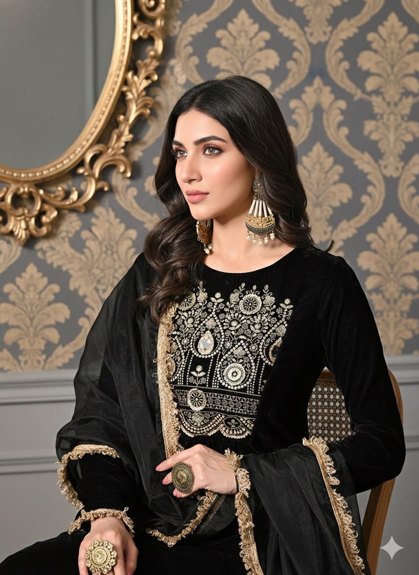 Myshka Women Black Velvet Embroidered Full Sleeve Kurta Set with Organza Dupatta - Distacart