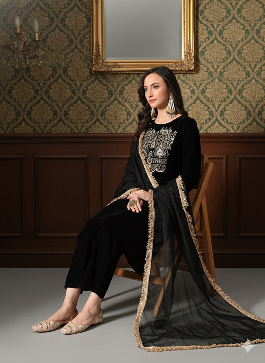 Myshka Women Black Velvet Embroidered Full Sleeve Kurta Set with Organza Dupatta - Distacart