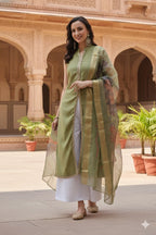 Myshka Women Green Sleeveless Kurta, White Palazzo with Printed Organza Dupatta - Distacart
