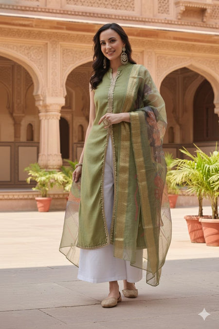 Myshka Women Green Sleeveless Kurta, White Palazzo with Printed Organza Dupatta