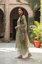 Myshka Women Green Sleeveless Kurta, White Palazzo with Printed Organza Dupatta - Distacart