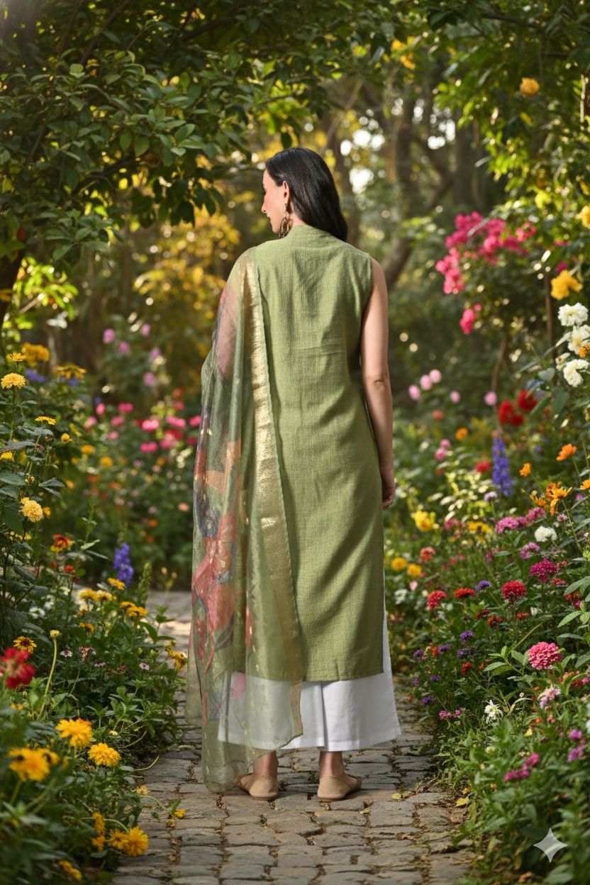 Myshka Women Green Sleeveless Kurta, White Palazzo with Printed Organza Dupatta - Distacart