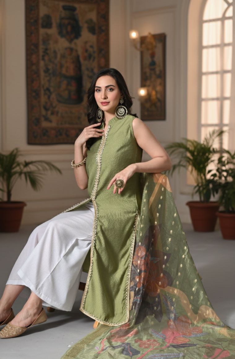 Myshka Women Green Sleeveless Kurta, White Palazzo with Printed Organza Dupatta - Distacart