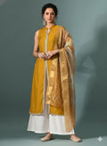 Myshka Women Yellow Sleeveless Kurta, White Palazzo with Printed Organza Dupatta - Distacart