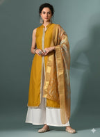 Myshka Women Yellow Sleeveless Kurta, White Palazzo with Printed Organza Dupatta - Distacart
