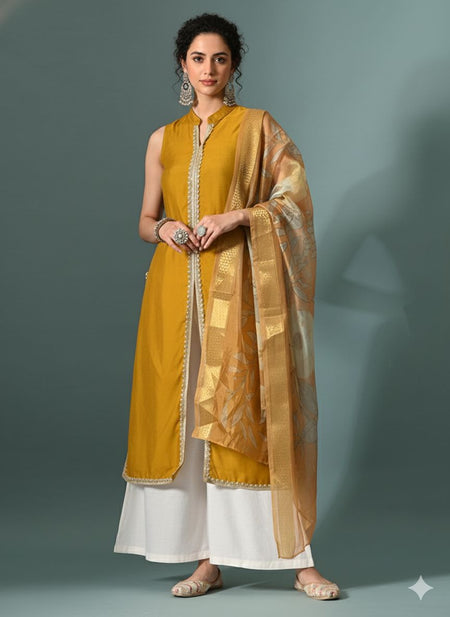 Myshka Women Yellow Sleeveless Kurta, White Palazzo with Printed Organza Dupatta