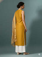 Myshka Women Yellow Sleeveless Kurta, White Palazzo with Printed Organza Dupatta - Distacart