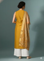 Myshka Women Yellow Sleeveless Kurta, White Palazzo with Printed Organza Dupatta - Distacart