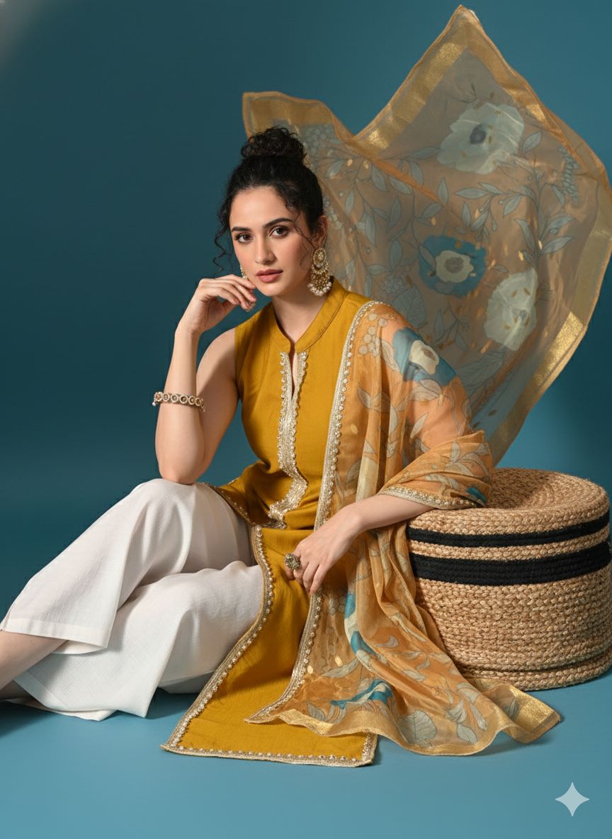 Myshka Women Yellow Sleeveless Kurta, White Palazzo with Printed Organza Dupatta - Distacart