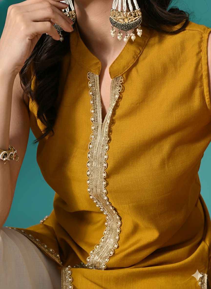 Myshka Women Yellow Sleeveless Kurta, White Palazzo with Printed Organza Dupatta - Distacart