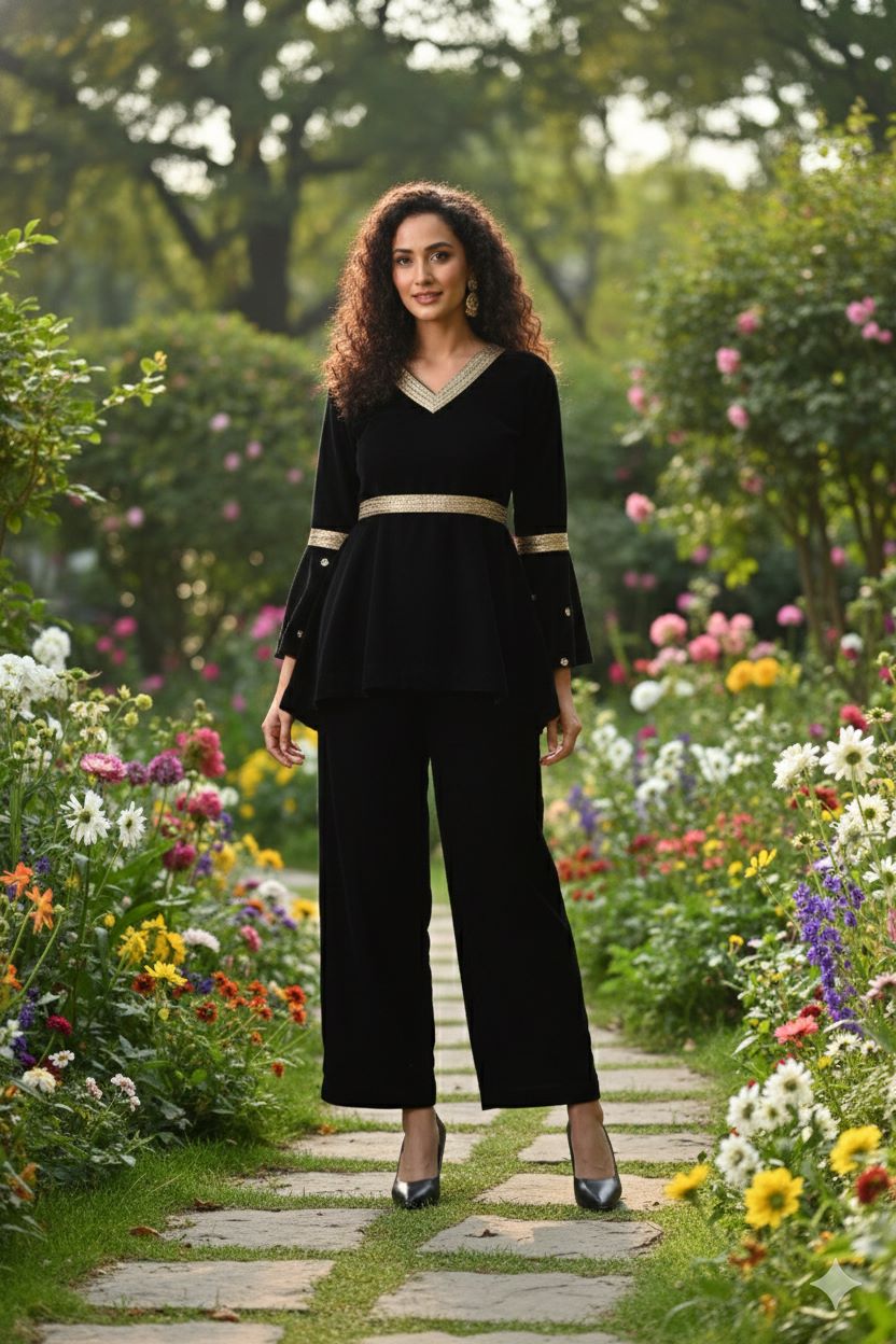 Myshka Women Black Velvet Peplum Top with Belt & Trouser Co-ord Set - Distacart