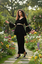 Myshka Women Black Velvet Peplum Top with Belt & Trouser Co-ord Set - Distacart