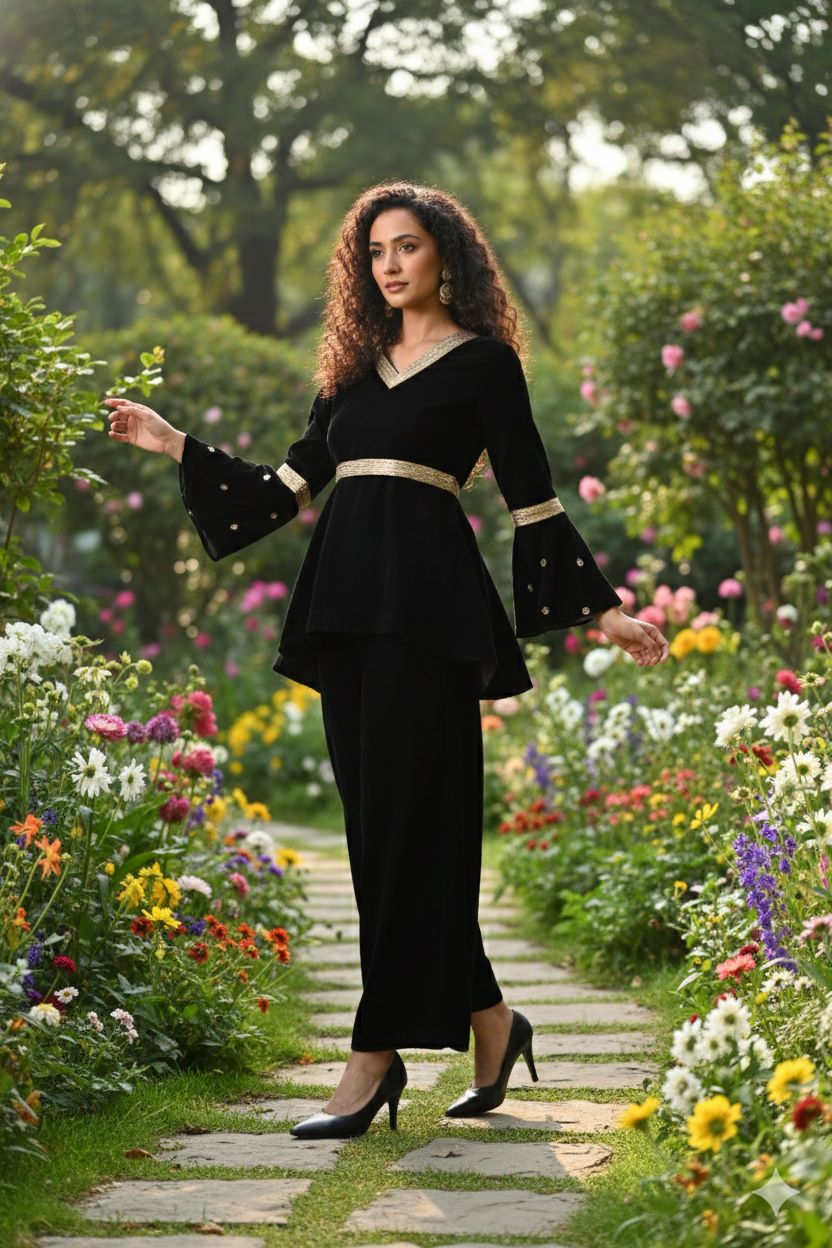 Myshka Women Black Velvet Peplum Top with Belt & Trouser Co-ord Set - Distacart