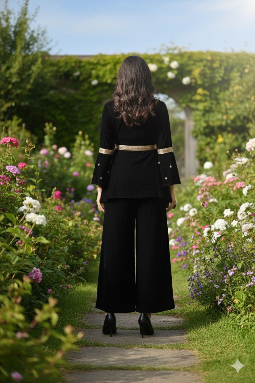Myshka Women Black Velvet Peplum Top with Belt & Trouser Co-ord Set - Distacart