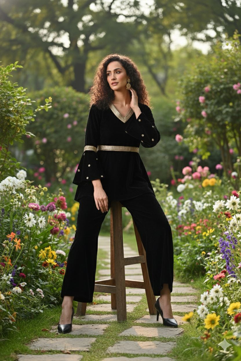 Myshka Women Black Velvet Peplum Top with Belt & Trouser Co-ord Set - Distacart