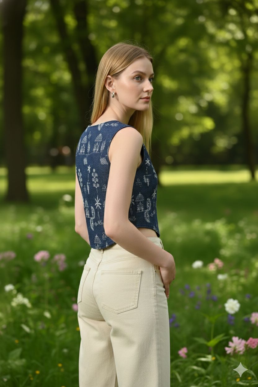 Myshka Women Blue Cotton Embroidered Sleeveless Top