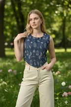 Myshka Women Blue Cotton Embroidered Sleeveless Top