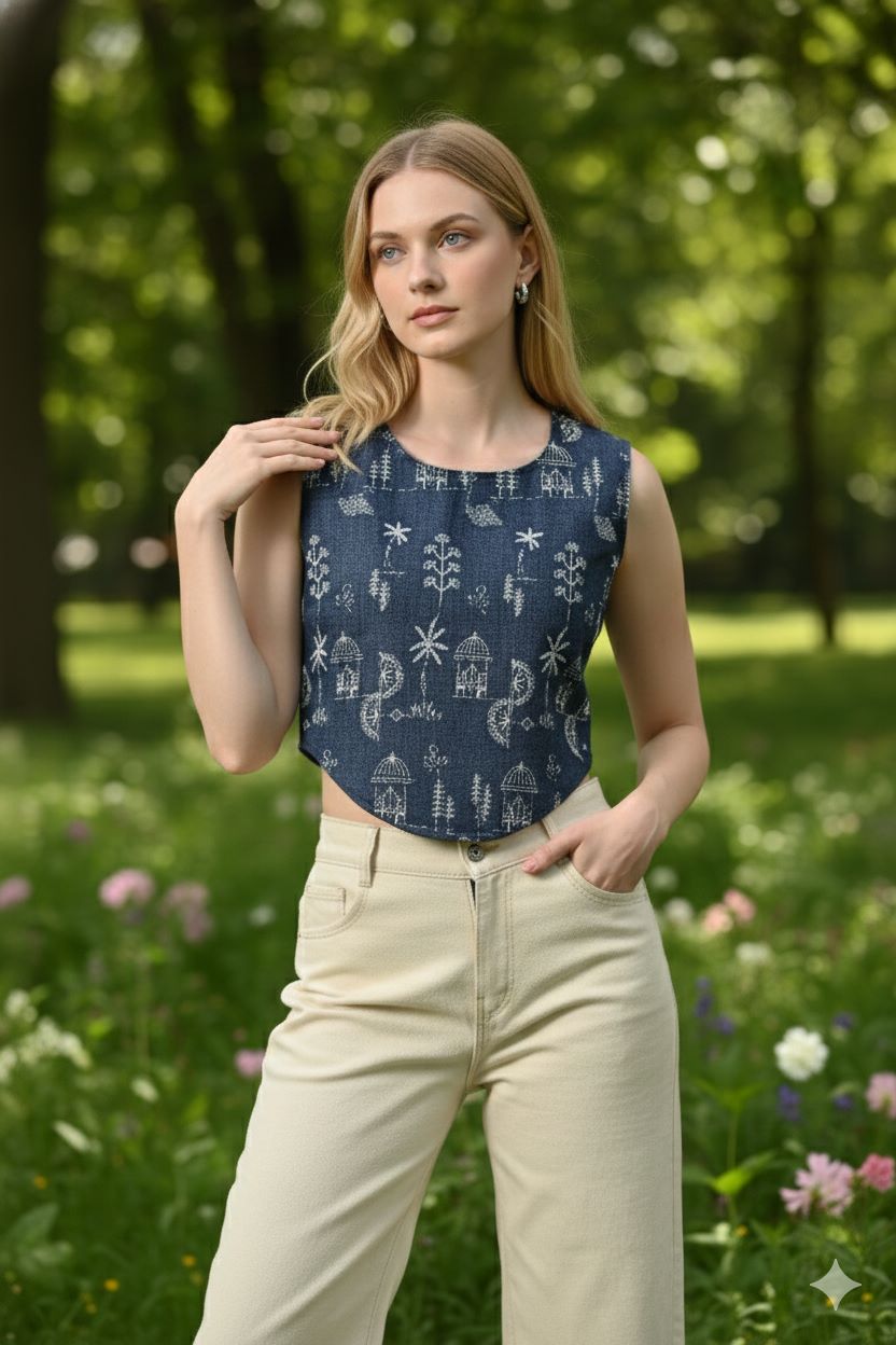 Myshka Women Blue Cotton Embroidered Sleeveless Top